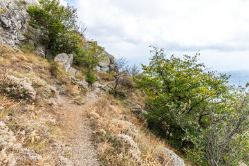 Mysterious mountain landscape of the Valley of Ghosts on the western slope of Mount Demerdzhi in Crimea. Popular tourism and trekking destination