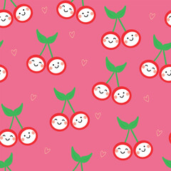 Seamless pattern with cute cartoon kawai cherries, fabric prints, textiles, gift wrapping paper. colorful vector for children, flat style