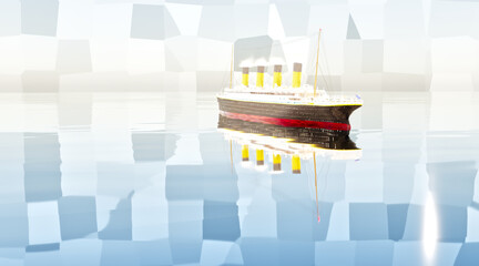 Steamboat ocean liner art of the ship with smoking chimneys 3D render image in HDR sea level view - 673649724