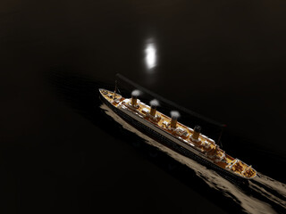 Steamboat ocean liner from top aerial view of the ship view at night with smoking chimneys 3D render image in HDR sea level view - 673649748