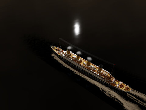 Steamboat ocean liner from top aerial view of the ship view at night with smoking chimneys 3D render image in HDR sea level view