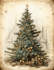 Vintage style christmas tree with balls decor background, ai design