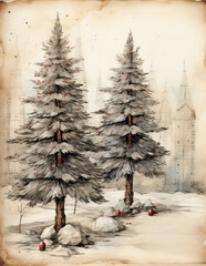Vintage winter trees background - decorative seasonal card