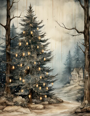 Vintage style christmas tree with balls decor background, ai design