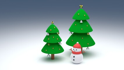 クリスマスツリーと赤い帽子を被った雪だるま