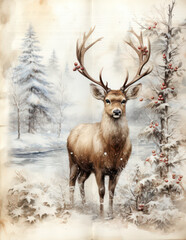 Naklejka na ściany i meble Vintage style junk journal page with christmas reindeer background, ai design