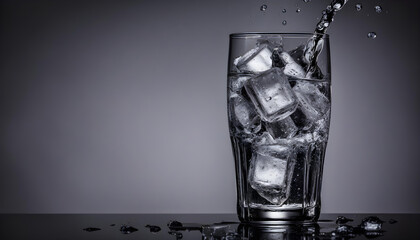 Pour sparkling water in a cola glass with ice cubes. on a dark black background.