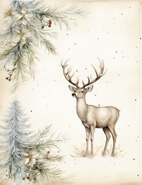 Vintage style junk journal page with christmas reindeer background, ai design