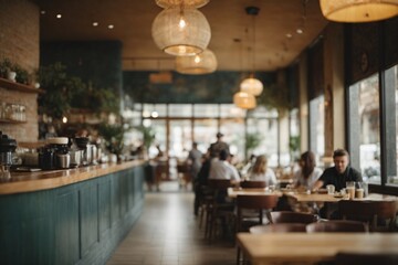 Blur coffee shop or cafe restaurant, Blurred restaurant background with some people and chefs and waiters working. Generative Ai.