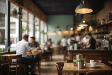 Blur coffee shop or cafe restaurant, Blurred restaurant background with some people and chefs and waiters working. Generative Ai.