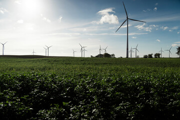 huge wind turbine blue sky, green field, energy, renewable