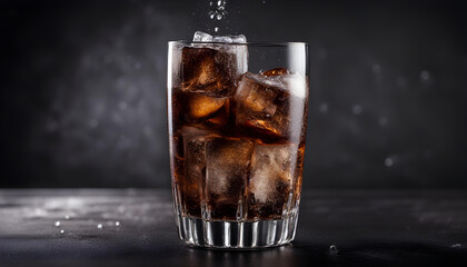 sparkling water in a cola glass with ice cubes. on a dark black background. - obrazy, fototapety, plakaty