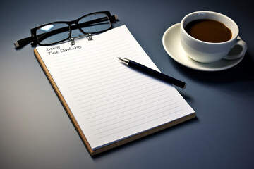 Notebook with glasses and coffee  Business concept - obrazy, fototapety, plakaty