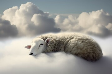 Sheep sleep cloud. Nature art animal cute dream character. Generate Ai