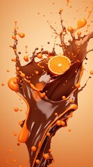 Orange fruit and chocolate splash on an orange color background