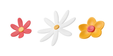 3d plasticine flowers buds set. Simple volumetric crafts render, decorative floral elements in clay material. Vector illustration in plastic style. Isolated objects