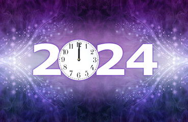 Obraz na płótnie Canvas Happy New Year 2024 Celebration header - a clock face showing midnight making the 0 of 2024 against a deep purple blue background with glittering sparkles either side and copy space 