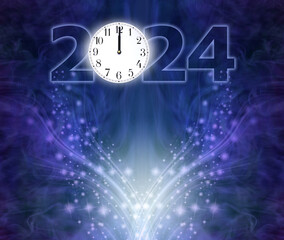 Happy New Year 2024 Celebration template - a clock face showing midnight making the 0 of 2024 against a deep blue background with an upward flow of glittering sparkles and copy space
