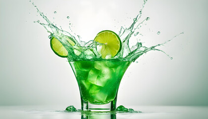 Mint green alcohol cocktail with splash and green lime isolated on white background.