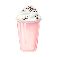 Pink strawberry milkshake with whipped cream and chocolate chips watercolor illustration isolated on white background. Cold summer drink in plastic cup, delicious dessert