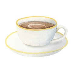 White ceramic coffee cup with cappuccino, hot chocolate or cocoa watercolor illustration isolated on white background for menus, invitations, logos, and prints
