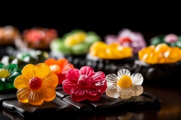 Fototapeta na wymiar Thai candies flower dessert closeup. Flour gift tasty sugar. Generate Ai