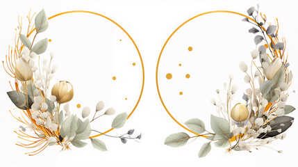 Obraz na płótnie Canvas Luxury botanical gold wedding frame elements on white background. Set of polygon, circle, glitters, eucalyptus leaves, leaf branches. 