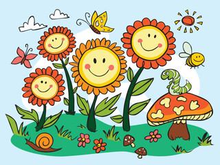 Vector cute happy cheeky smiley flowers horizontal with mushroom illustration. Perfect for greeting cards.