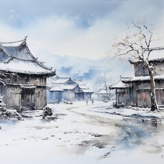 Winter Old Town Village Serene Minimalistic Painting