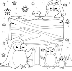 Christmas winter landscape with cute penguins and blank wooden sign. Vector black and white coloring page.