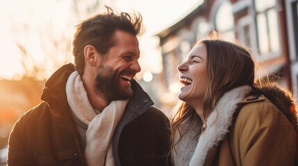 Fototapeta premium Portrait of happy couple walking outdoors during sunny winter day.