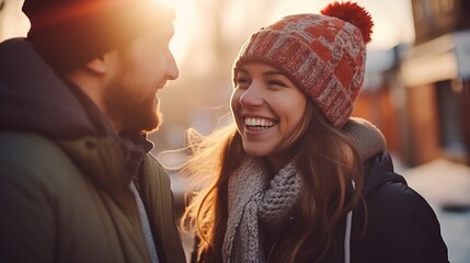 Portrait of happy couple walking outdoors during sunny winter day. - obrazy, fototapety, plakaty