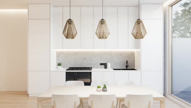 animation Minimal white kitchen and dining table. 3D illustration rendering