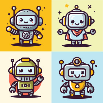 set of funny cute cartoon illustration robots