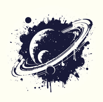Vector illustration of an abstract planet with rings designed in stencil style with splatters