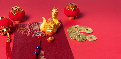 Chinese new year 2024, dragon zodiac sign, lantern, asian elements, on red background.