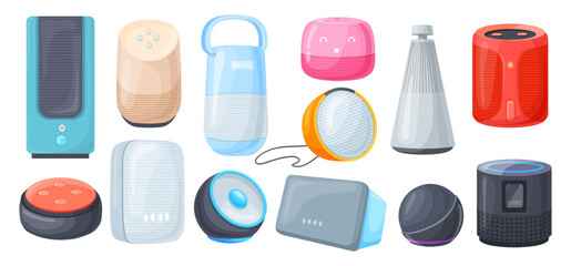 Smart home speaker. Wireless speakers connected voice assistant control, room audio system interacting network, iot loudspeaker listening sound command, neat vector illustration