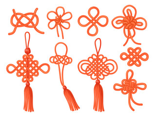 Chinese knots. Japanese knot stencil, traditional asian lucky auspicious symbol china endless ornament knotted ribbon, feng shui typical decoration element neat vector illustration - obrazy, fototapety, plakaty