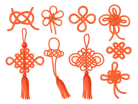 Chinese knots. Japanese knot stencil, traditional asian lucky auspicious symbol china endless ornament knotted ribbon, feng shui typical decoration element neat vector illustration