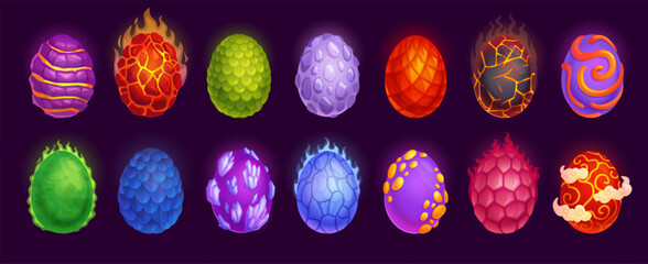 Cartoon dragon eggs. Dragons mother egg, lava stone reptile scale fantastic monster dinosaur fairy shell game ui natural energy crystals collection, ingenious vector illustration - obrazy, fototapety, plakaty