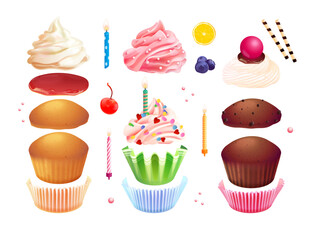 Cupcakes creation. Realistic muffin constructor, 3d cupcake with candle different whipped cream or fruit frosting and paper cup, pastry birthday dessert exact vector illustration
