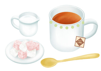 かわいい砂糖と紅茶のイラスト - obrazy, fototapety, plakaty
