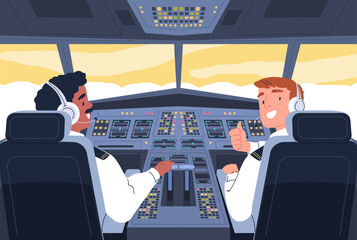 Airplane cockpit. Aviation crew inside aircraft cabin, pilot and plane captain control monitoring flight navigation panel, two aviators on chair in jet © ssstocker