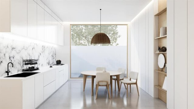 animation Minimal white kitchen and dining table. 3D illustration rendering