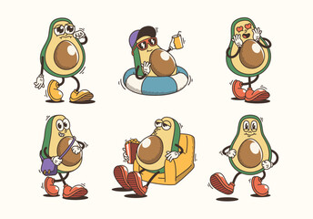 Set of Traditional Funny Avocado Cartoon Illustration with Varied Poses and Expressions