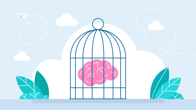 A brain in the cage. Describe confined mind. Human brain trapped in cage. Depression, panic and worry, memory problems, cognitive therapy, mind under control, memory prisoner. Vector illustration