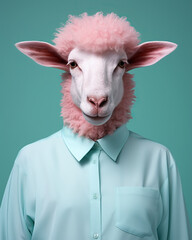 A goat with horns in a pink shirt