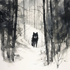 Watercolor Wolf In Winter Block Print