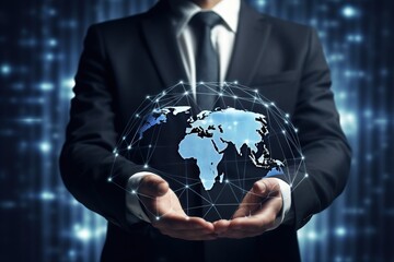 Businessman touching global network and data exchanges over the world 3D rendering Generative Ai