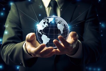 Businessman touching global network and data exchanges over the world 3D rendering Generative Ai